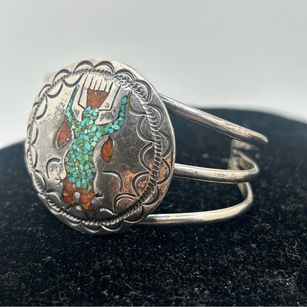 Vintage Navajo Turquoise Coral Kachina Sterling Silver Cuff Bracelet